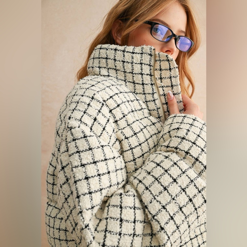 Quilted Grid Puffer Jacket Hooded Zip-Front Outerwear